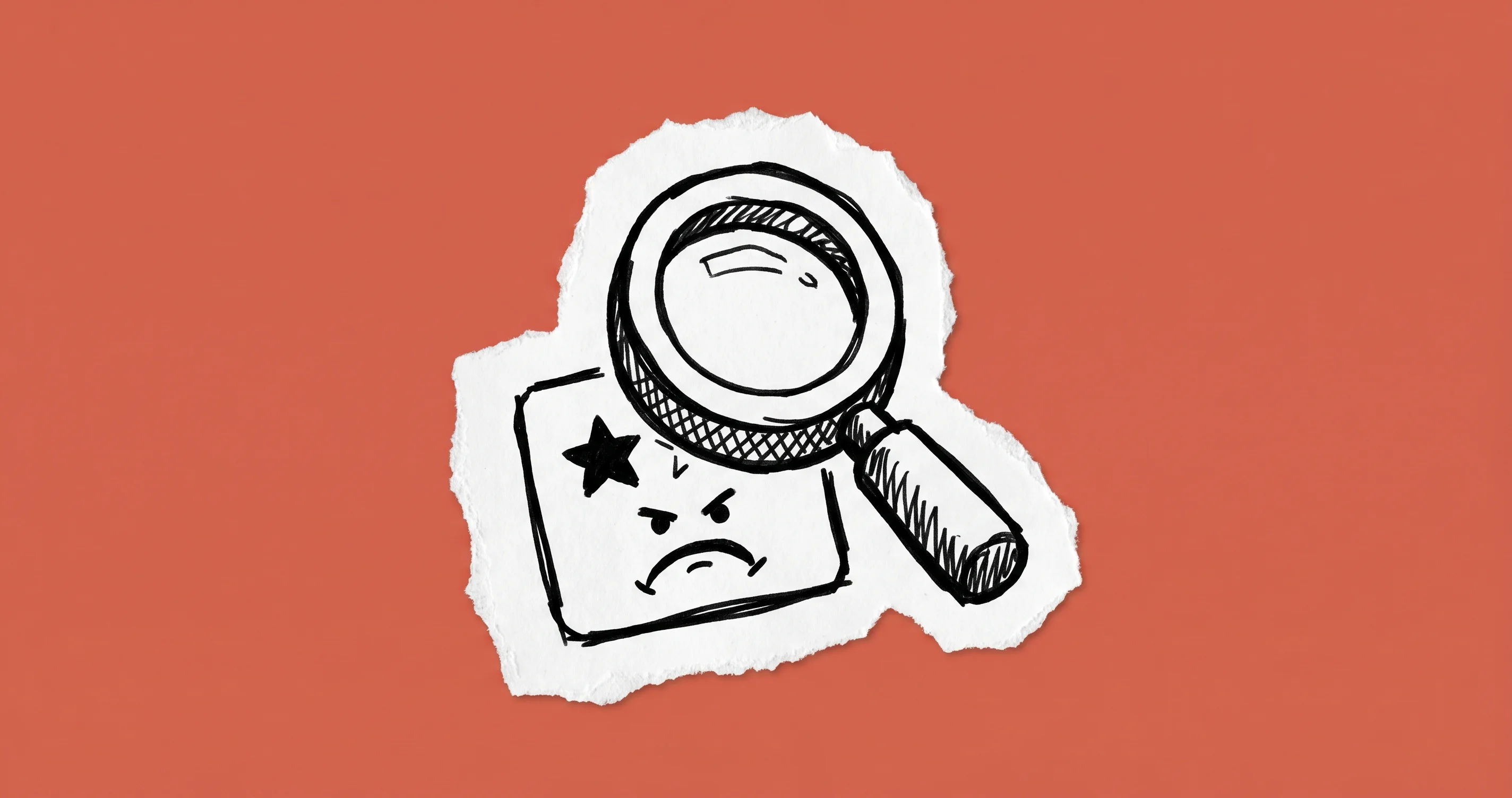Hand-drawn magnifying glass over a one-star review card, representing AI Overviews surfacing negative reviews