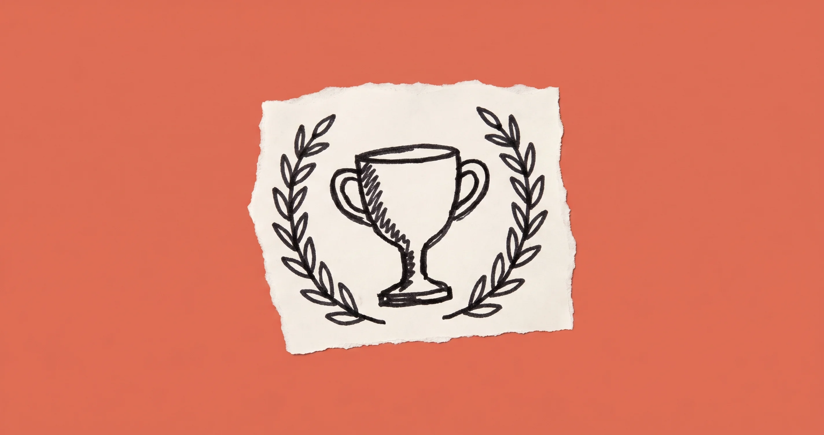 Hand-drawn illustration of a trophy with a laurel wreath, representing brand authority winning Google's latest core update