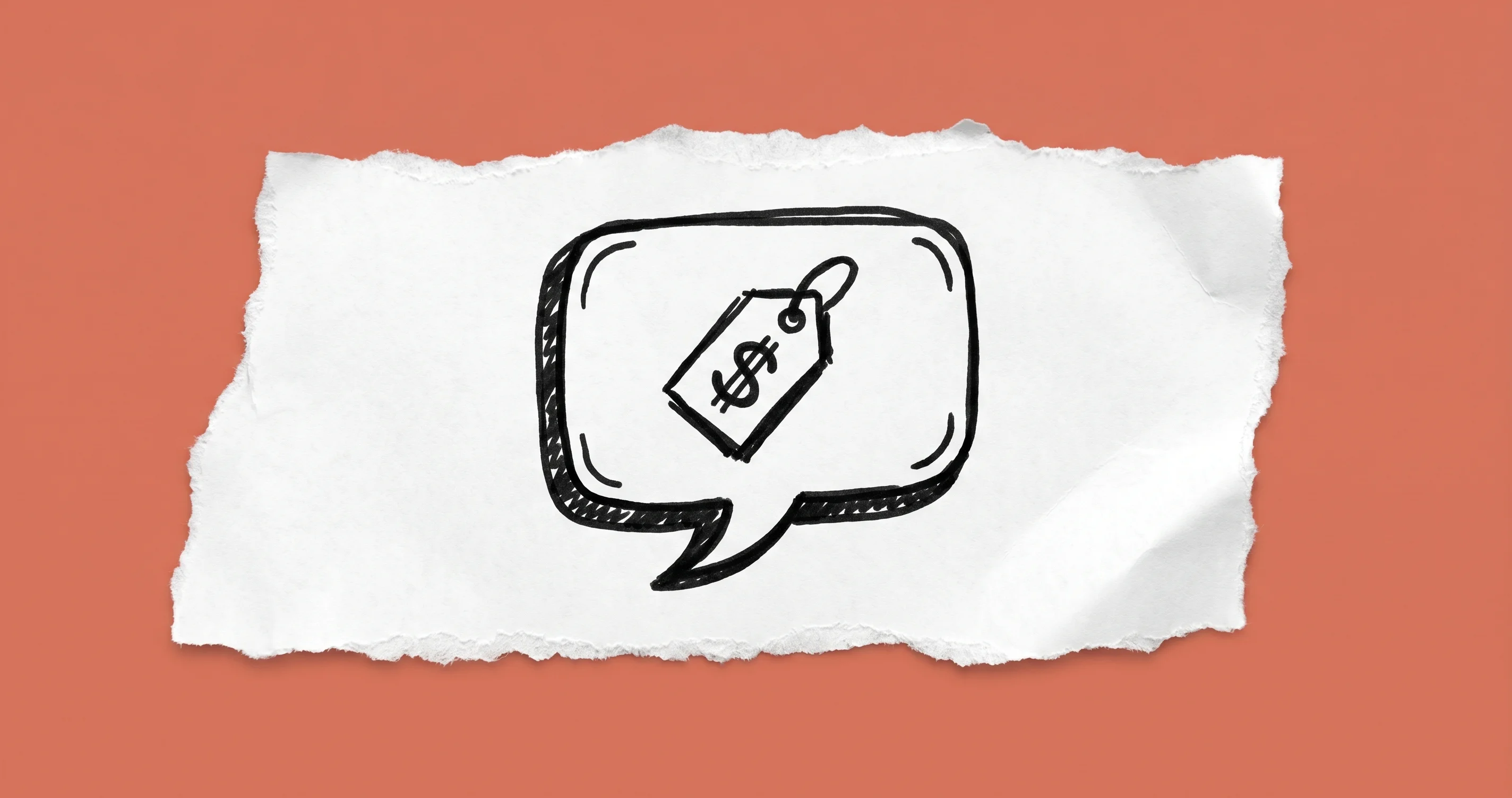 Hand-drawn illustration of a speech bubble containing a price tag, representing ChatGPT's new self-serve ads platform