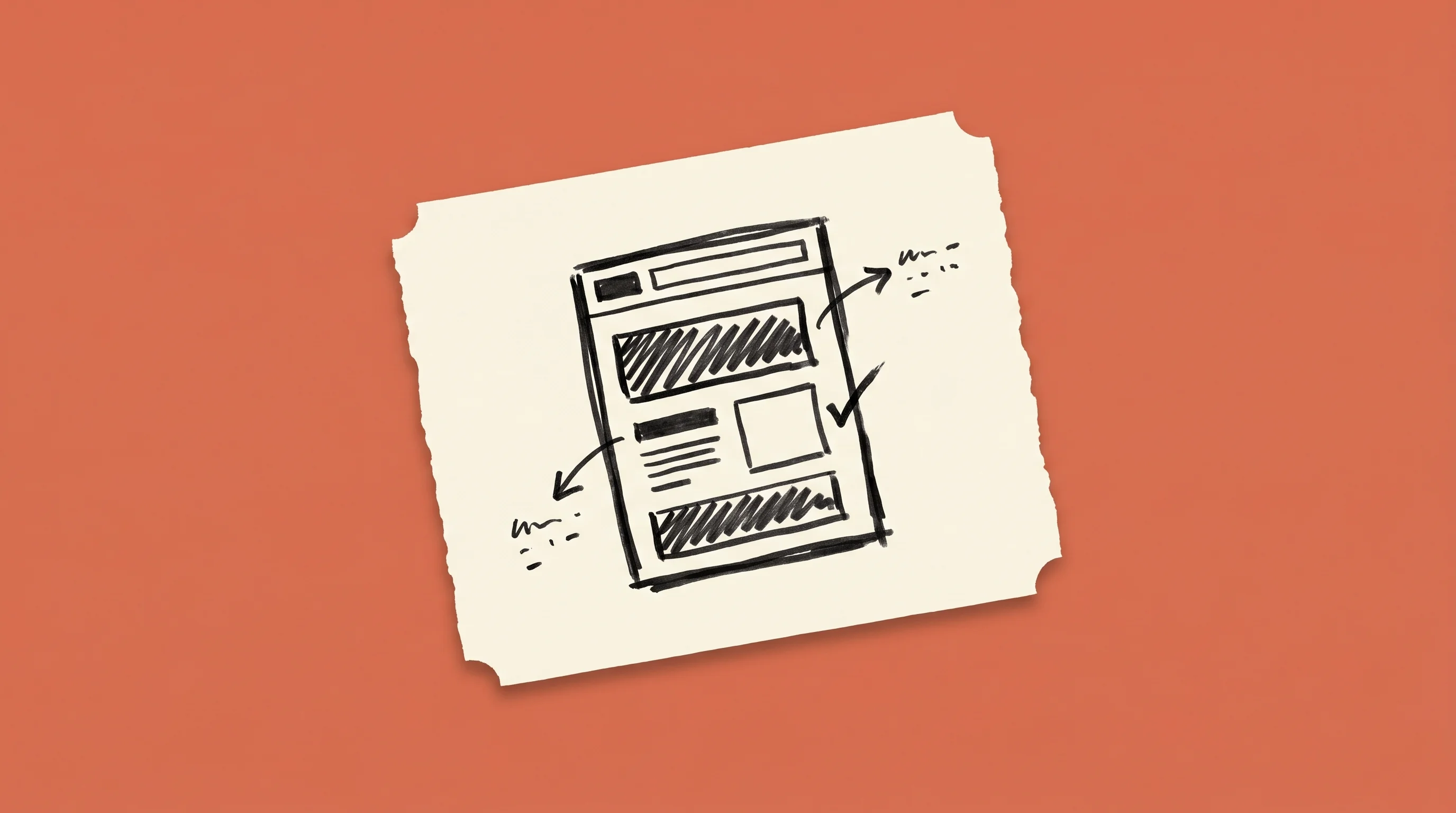 Hand-drawn marker sketch of a product specification document on cream paper, with wireframe layout and annotation arrows