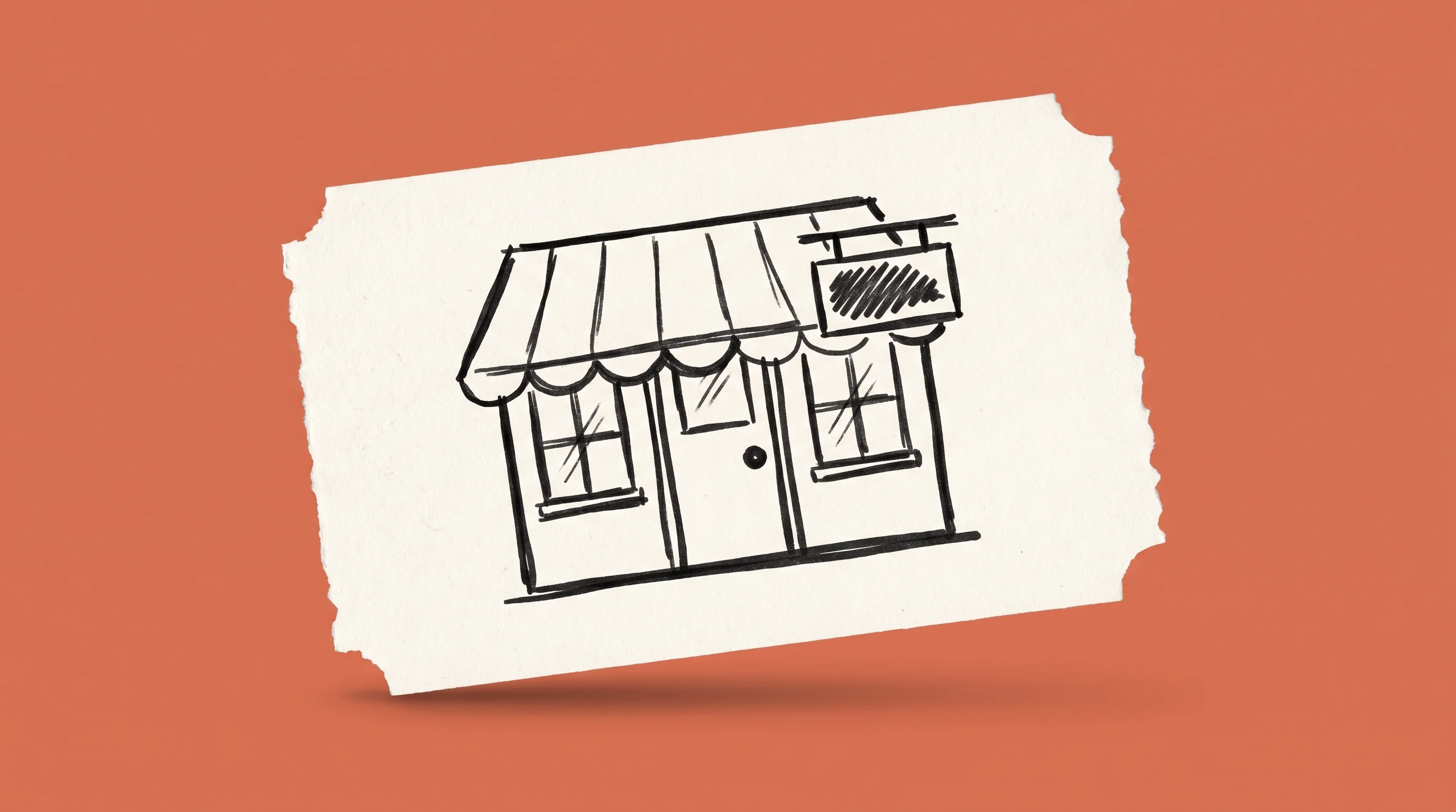 Hand-drawn marker sketch of a small storefront with awning and hanging sign, on cream paper