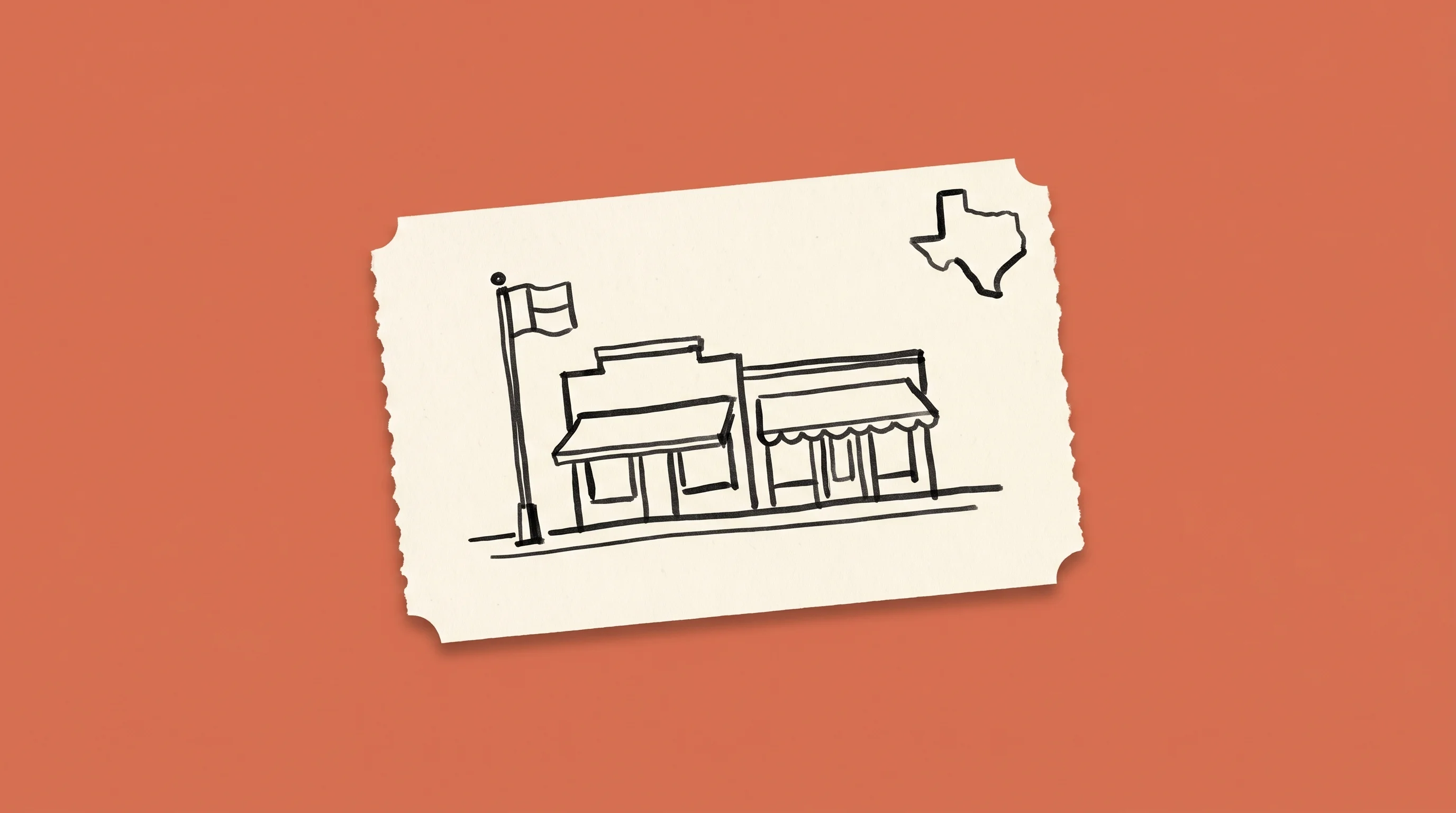 Hand-drawn marker sketch of a small Texas-town main street with shop facades and a Texas state outline, on cream paper