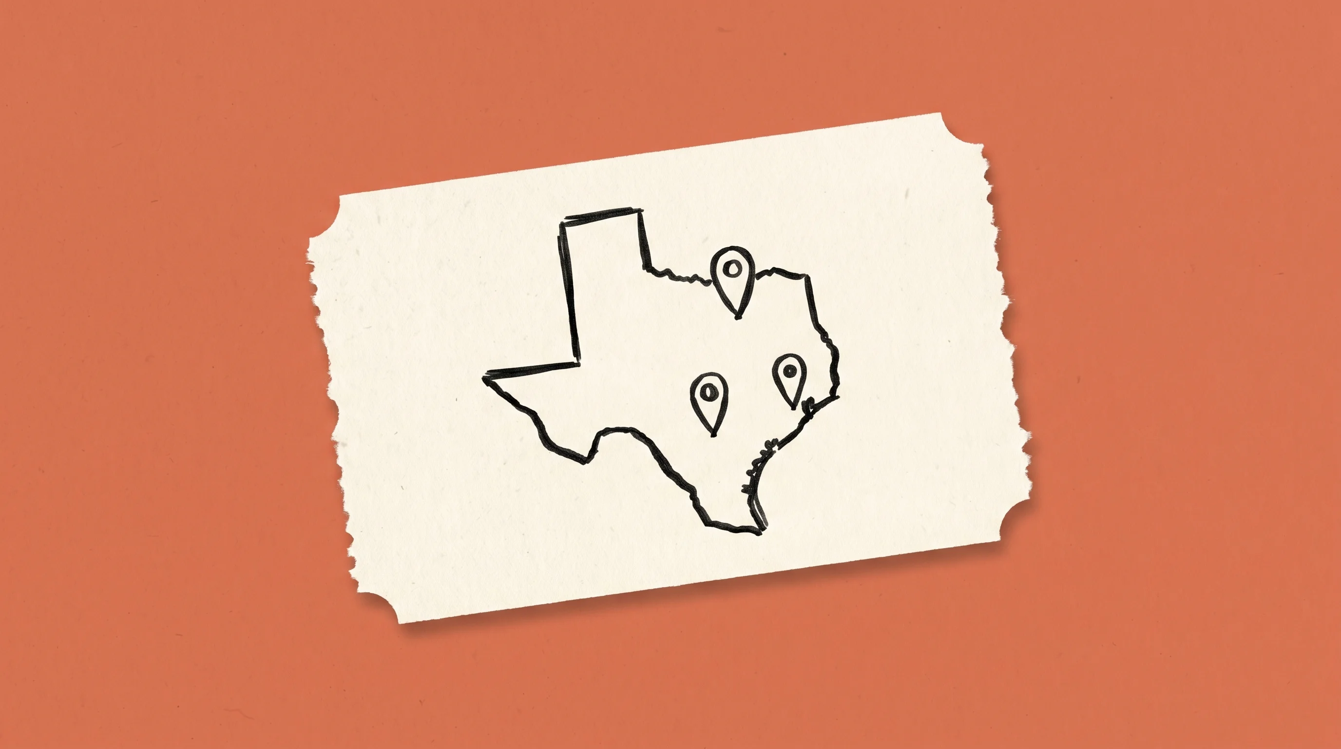 Hand-drawn marker sketch of the Texas state outline with location pins, on cream paper