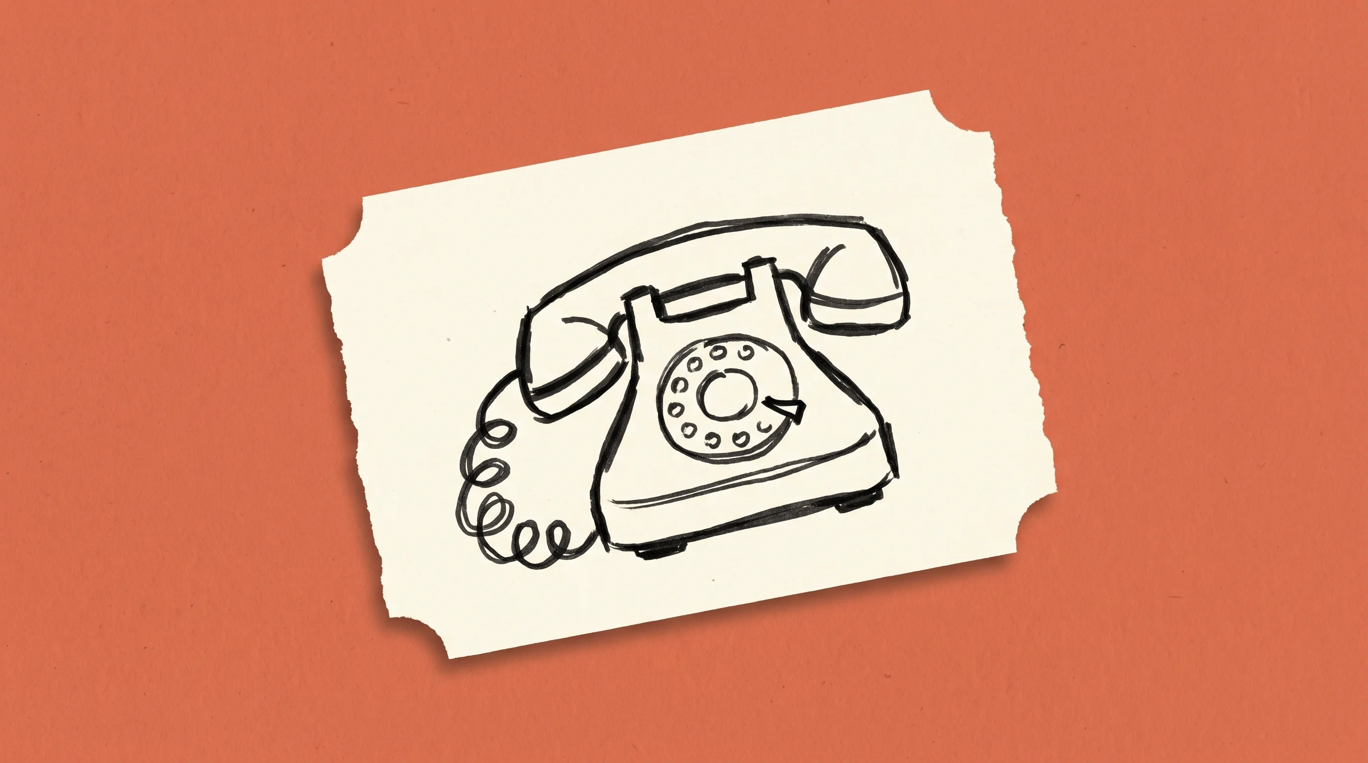 Hand-drawn marker sketch of a rotary telephone handset with coiled cord on cream paper