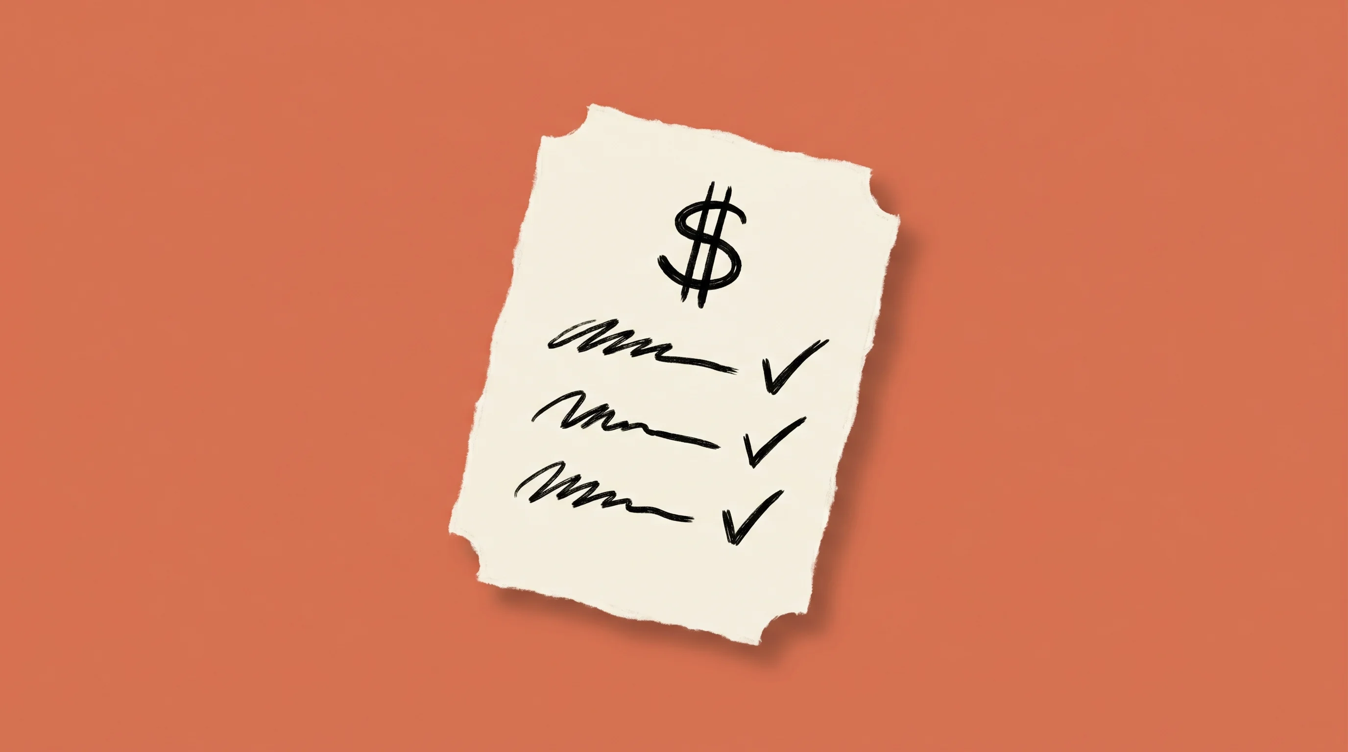 Hand-drawn marker sketch of a quote document with a dollar sign and checkmarks, on cream paper