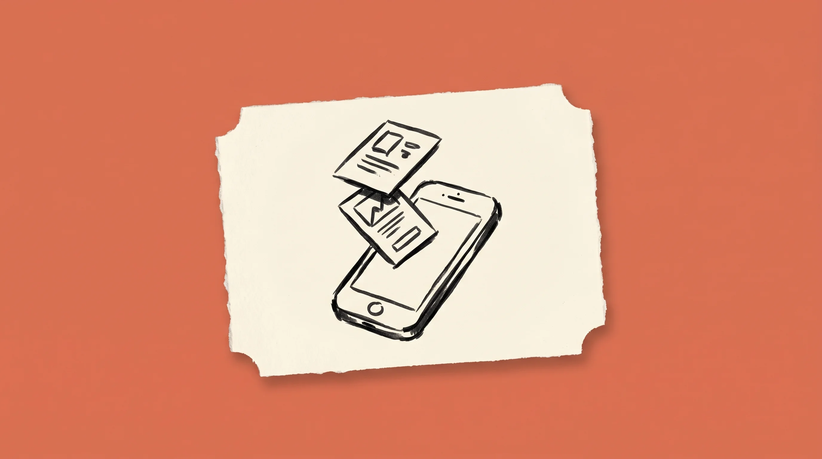 Hand-drawn marker sketch of a smartphone with floating app screen cards above it, on cream paper