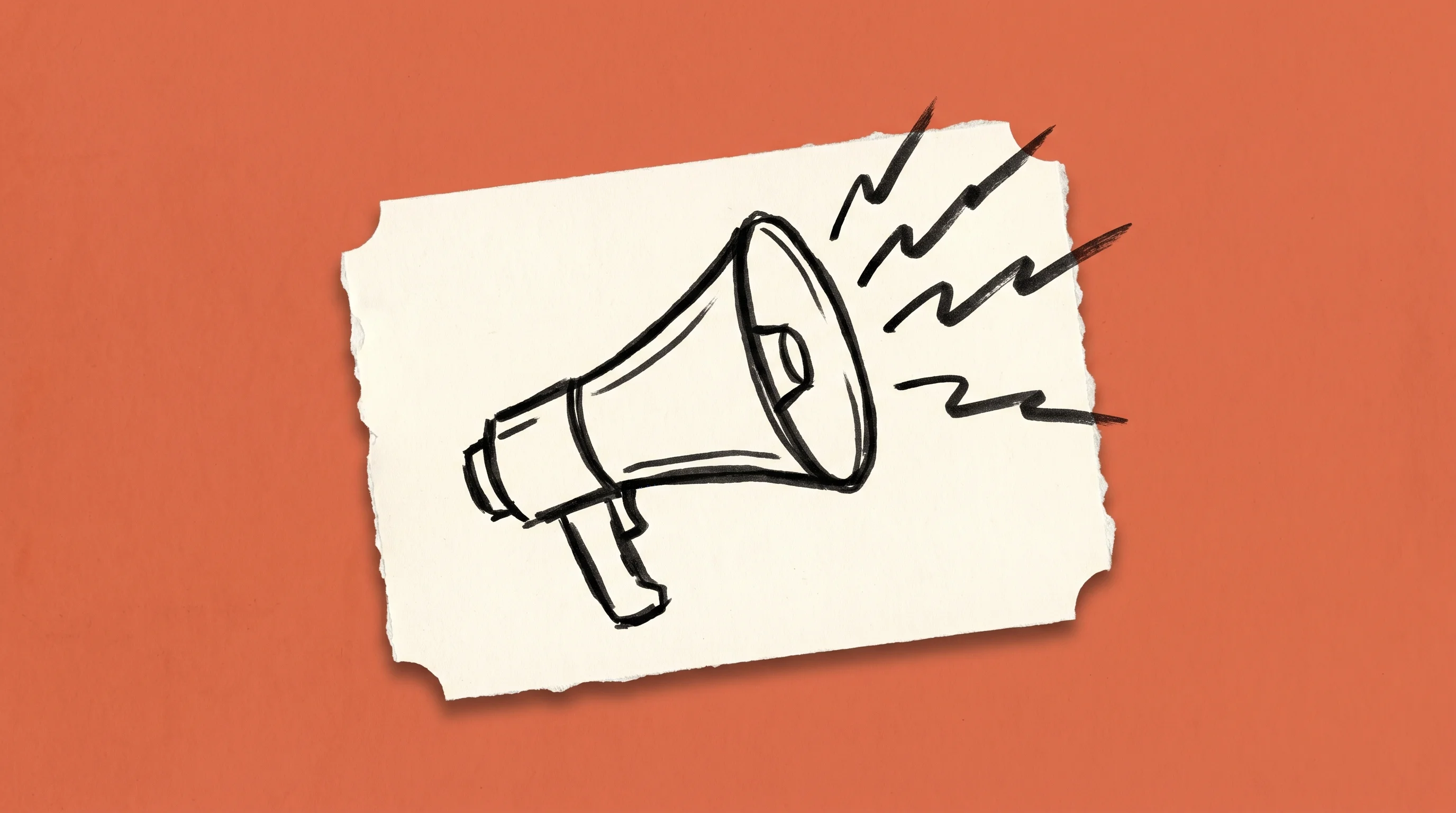 Hand-drawn marker sketch of a megaphone with signal lines radiating outward, on cream paper