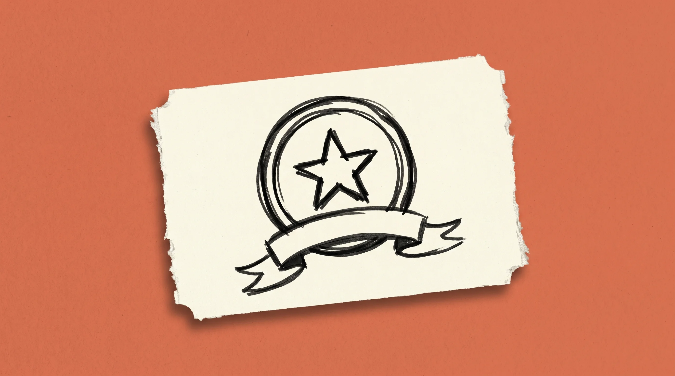 Hand-drawn marker sketch of a circular badge with a star and ribbon banner, on cream paper