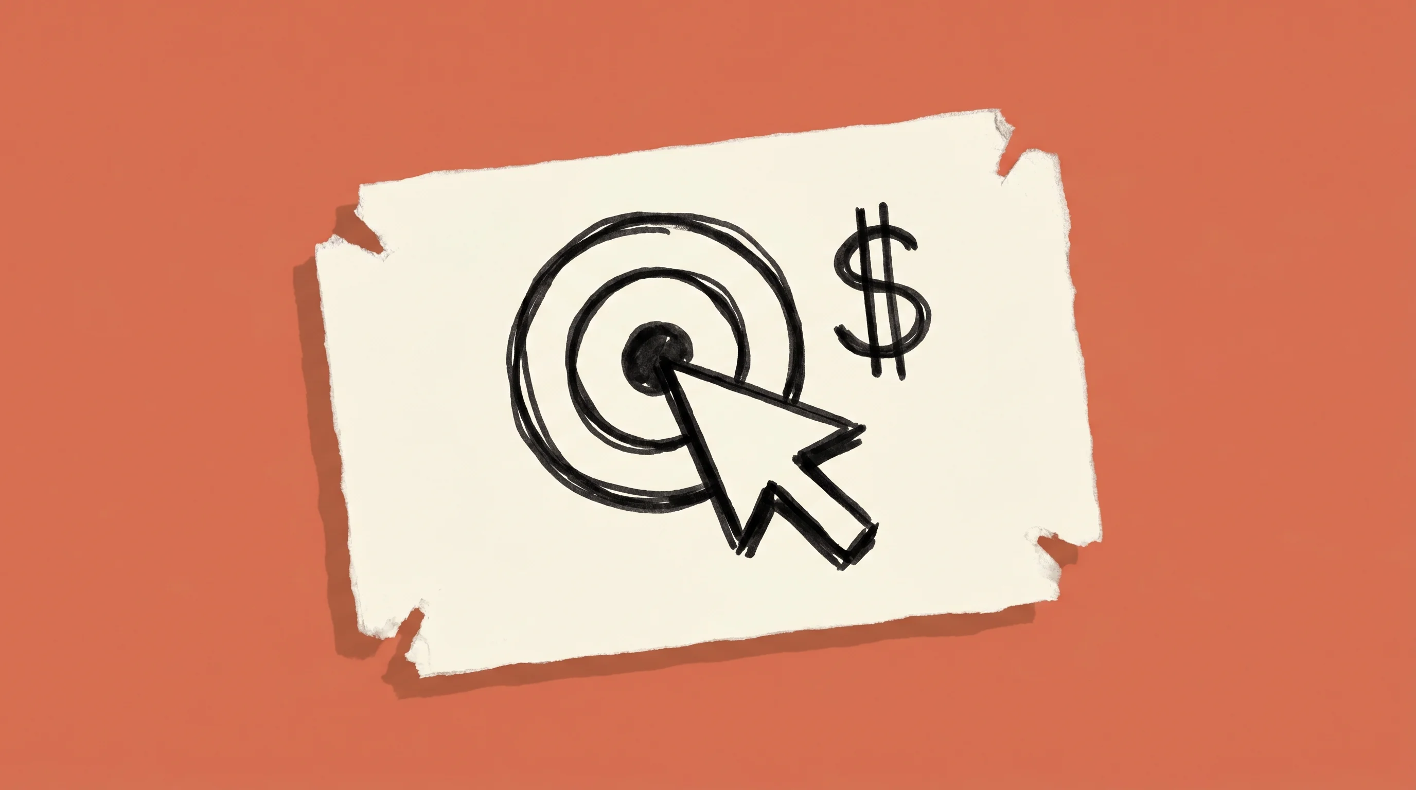 Hand-drawn marker sketch of a cursor arrow over a bullseye target with a dollar sign, on cream paper