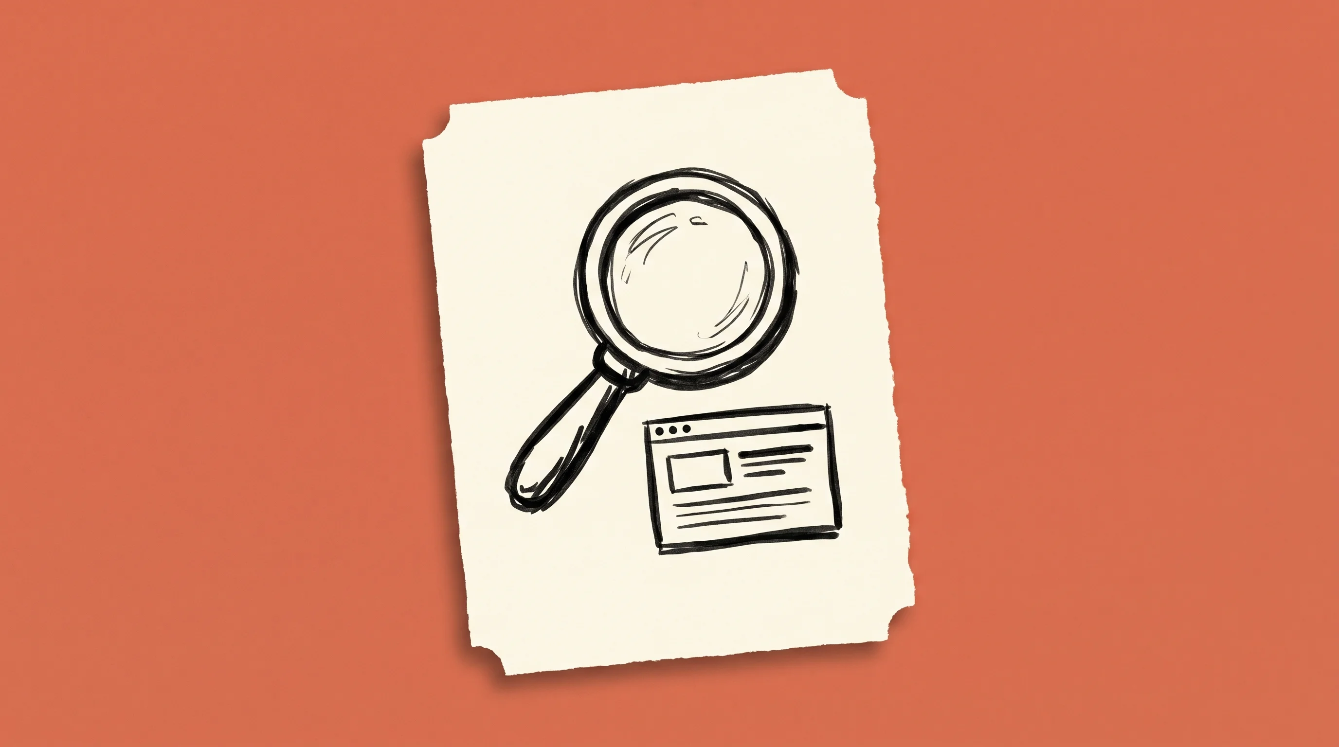 Hand-drawn marker sketch of a magnifying glass hovering over a webpage icon, on cream paper