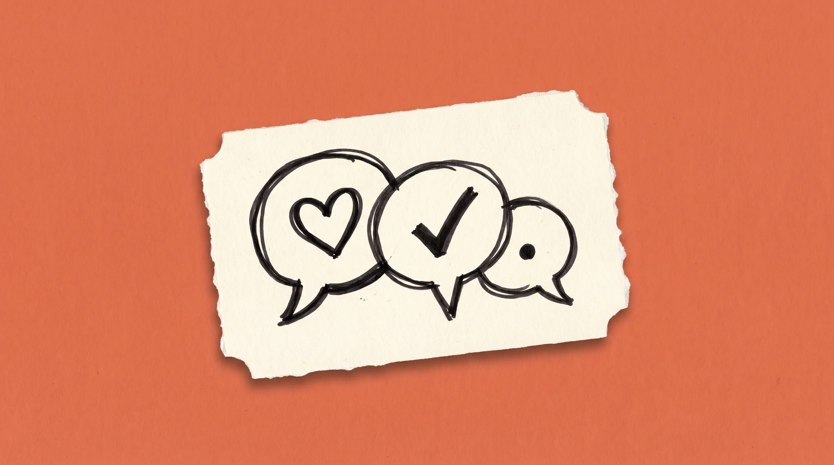 Hand-drawn marker sketch of three overlapping chat bubbles with a heart and checkmark, on cream paper