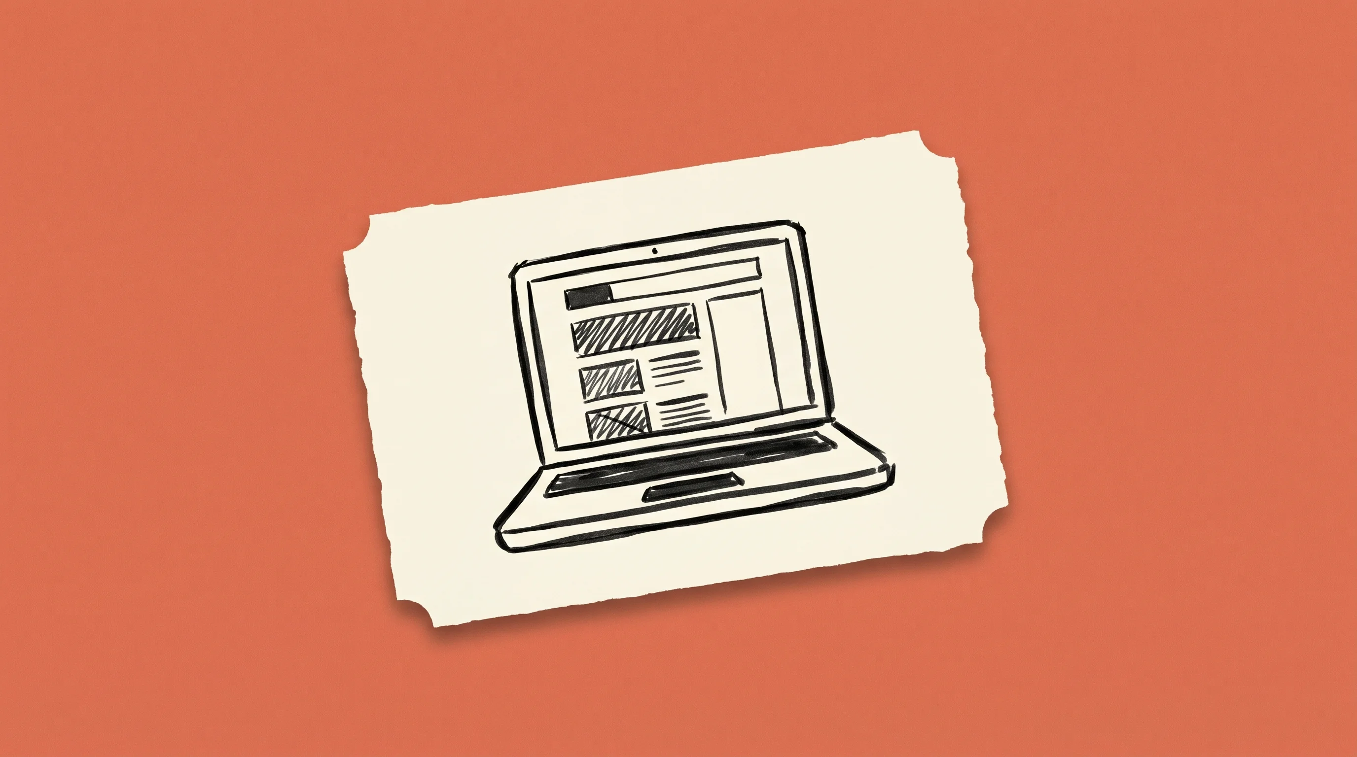 Hand-drawn marker sketch of a laptop with a simple webpage layout on the screen, on cream paper