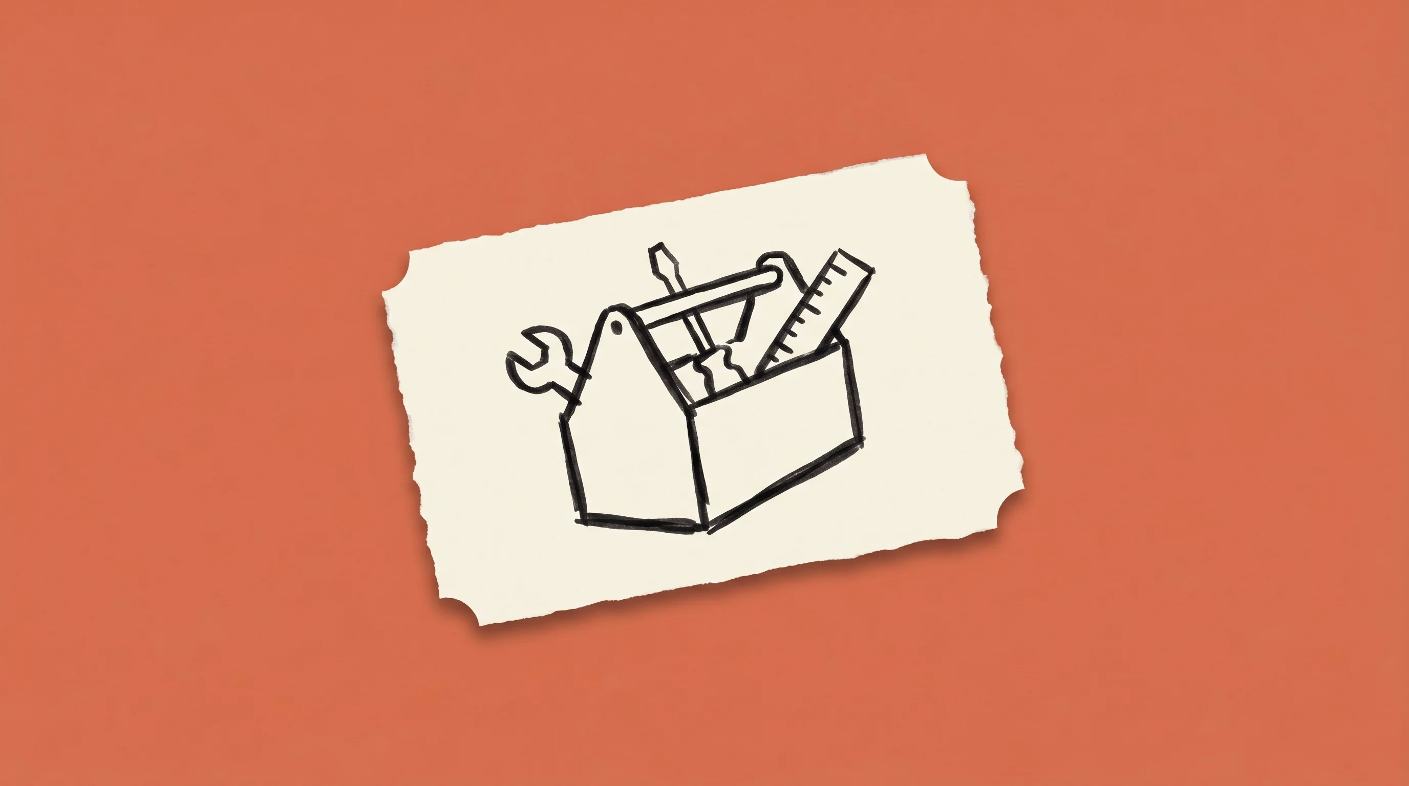 Hand-drawn marker sketch of an open toolbox with wrench, screwdriver, and ruler, on cream paper