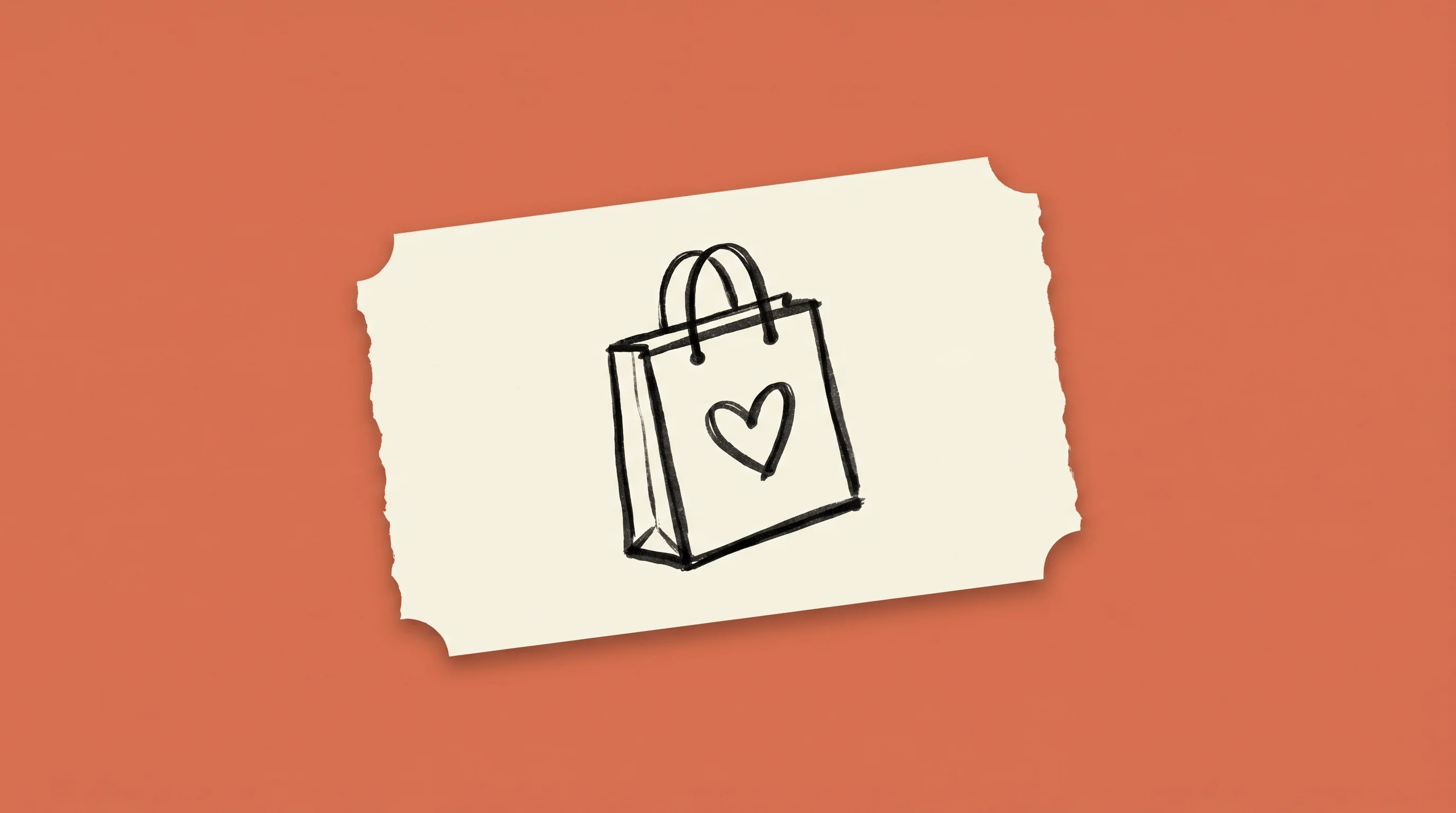 Hand-drawn marker sketch of a shopping bag with a heart on the front, on cream paper