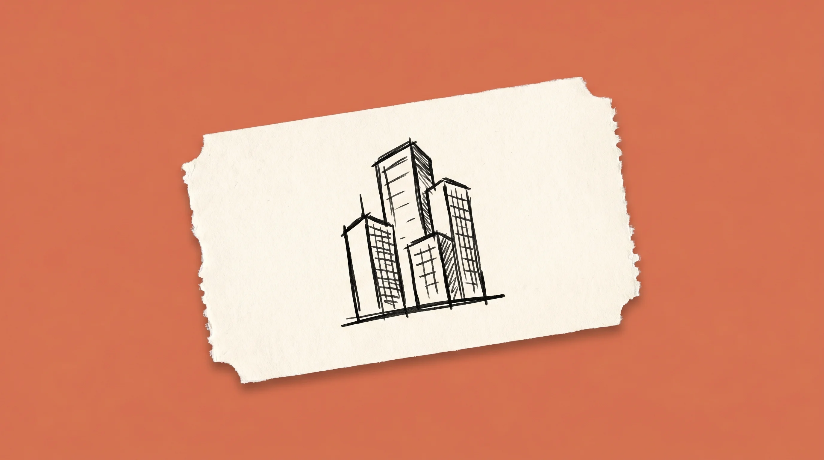 Hand-drawn marker sketch of three skyscrapers of different heights, on cream paper