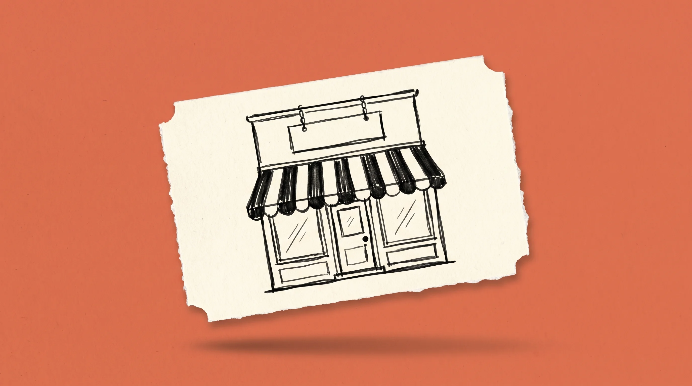 Hand-drawn marker sketch of a small-town storefront with awning and hanging sign, on cream paper
