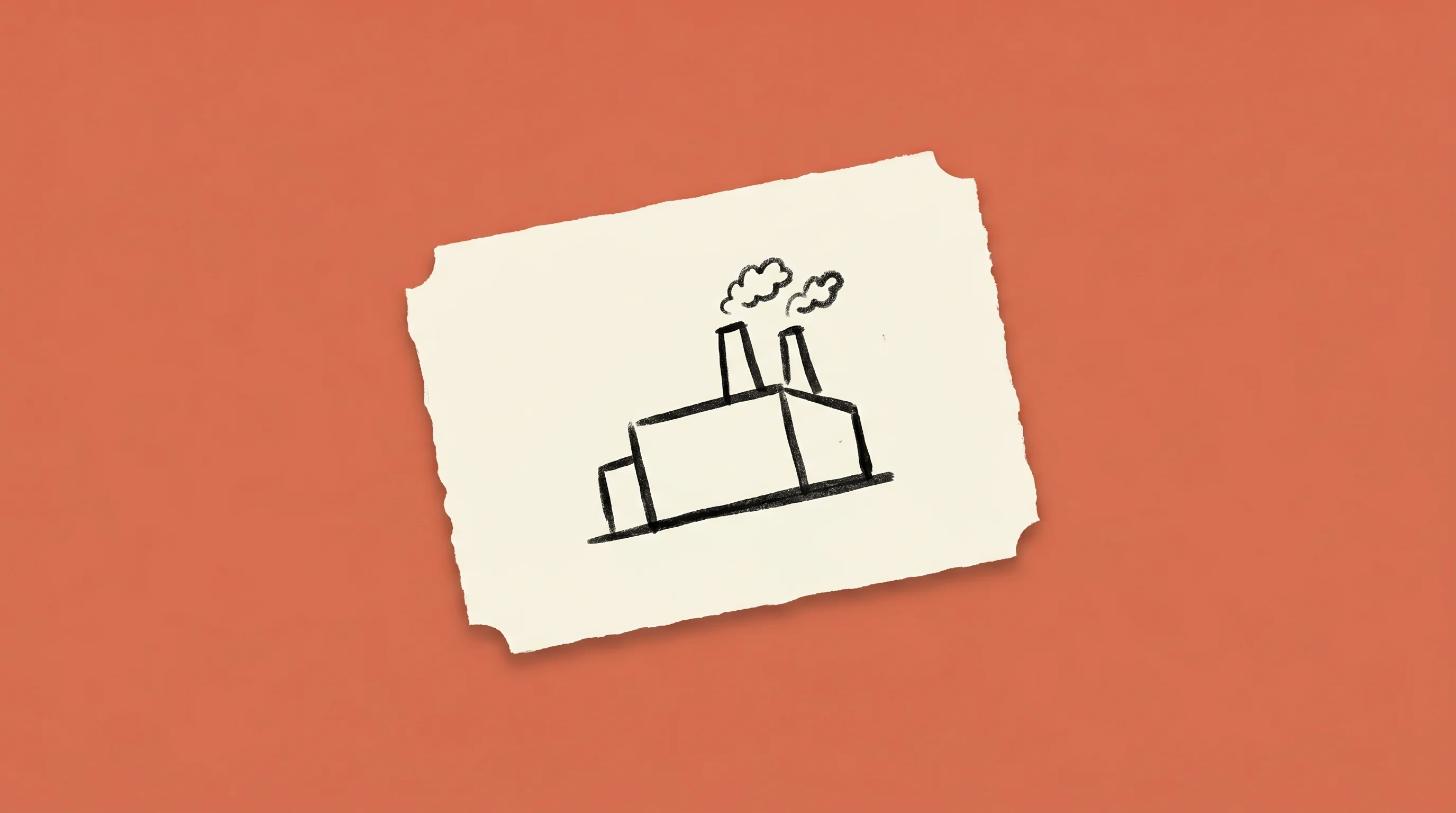 Hand-drawn marker sketch of a factory silhouette with two smokestacks, on cream paper