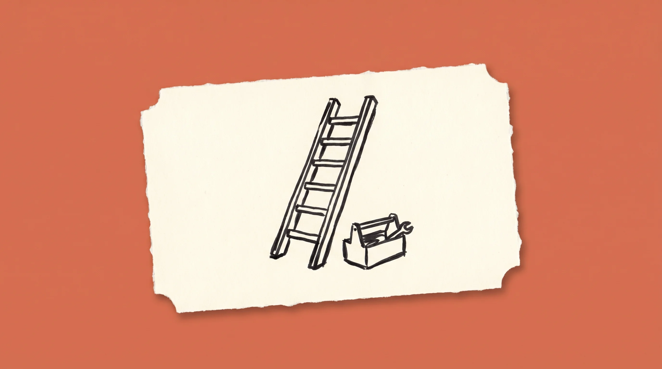 Hand-drawn marker sketch of a ladder leaning with an open toolbox at its base, on cream paper