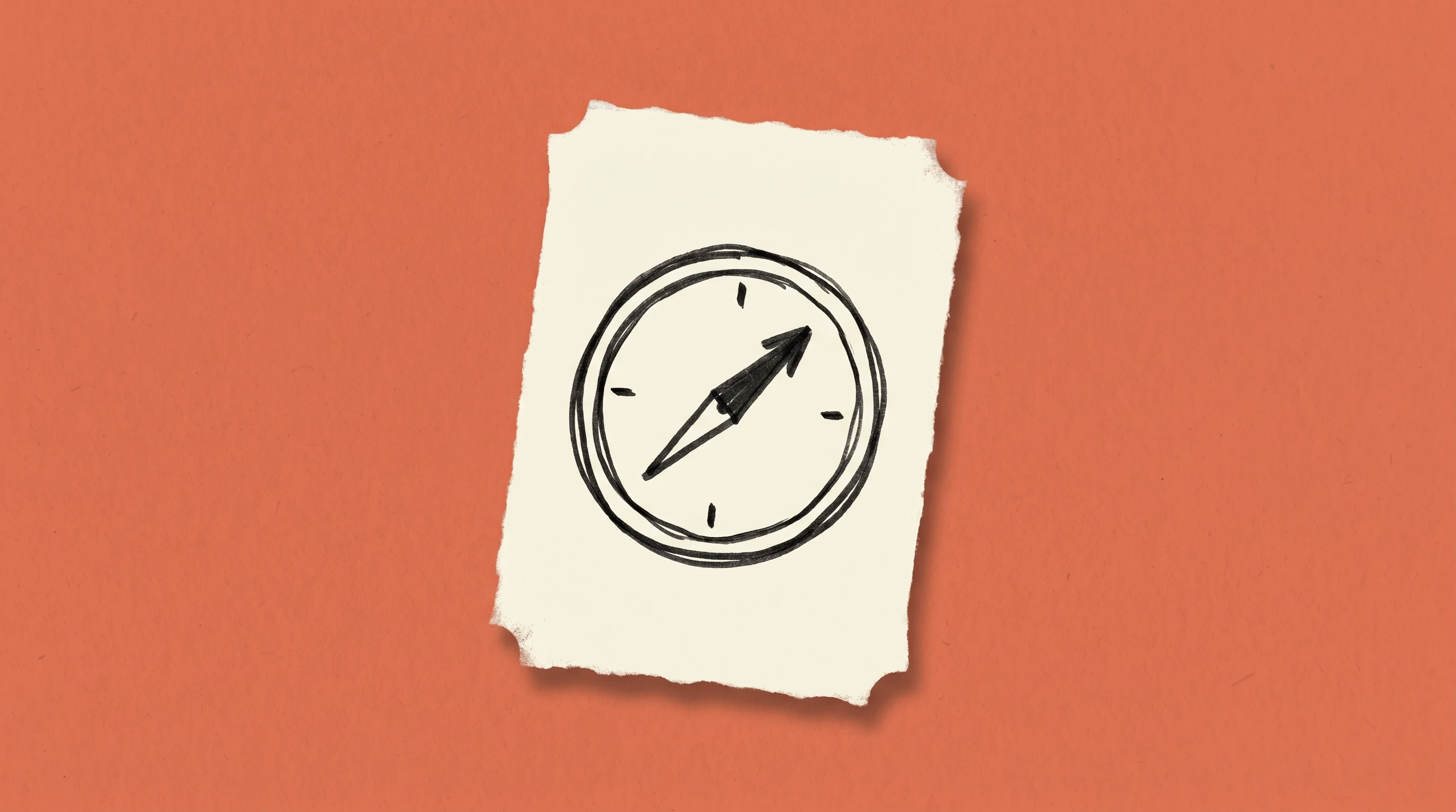 Hand-drawn marker sketch of a compass with its needle pointing upper-right, on cream paper