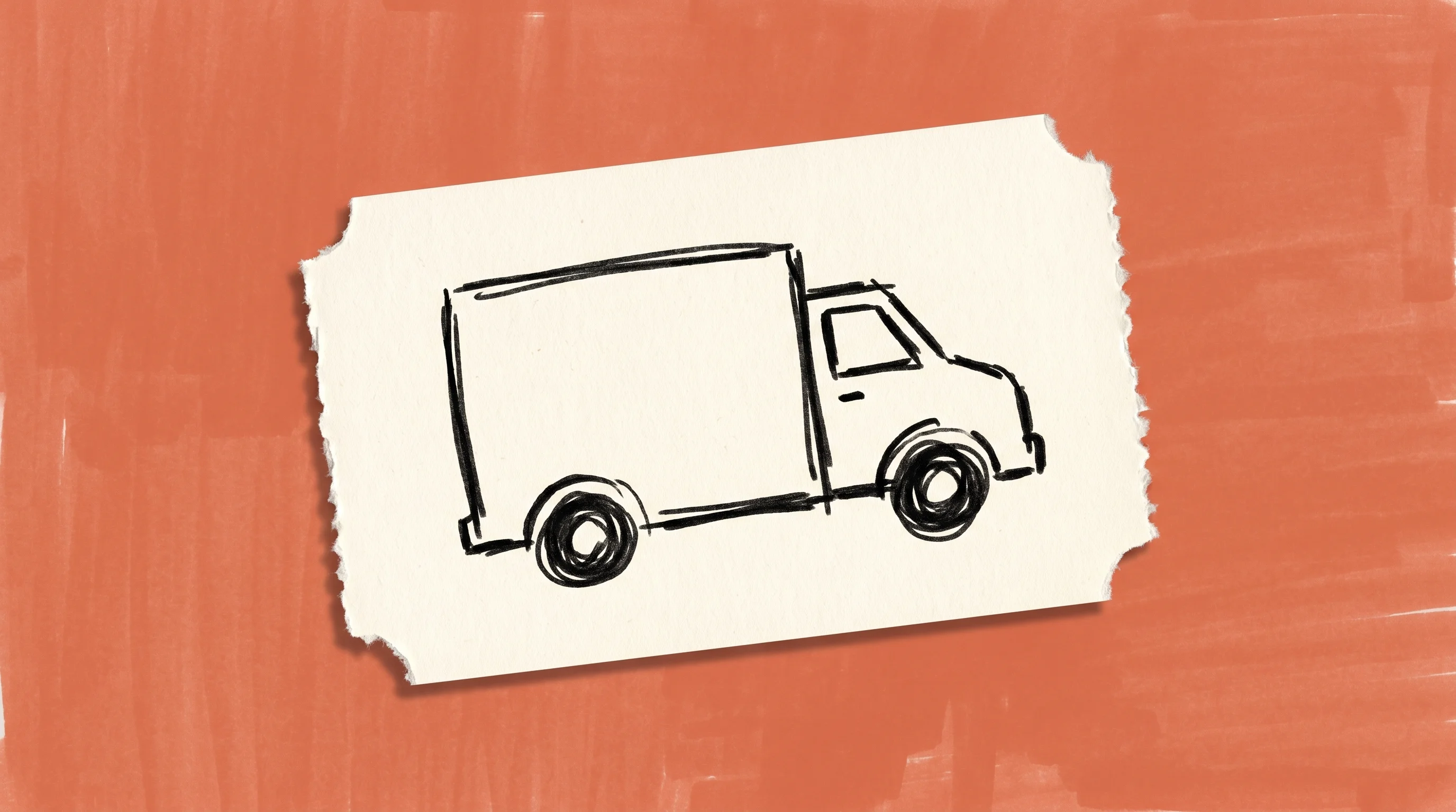 Hand-drawn marker sketch of a box delivery truck in profile, on cream paper